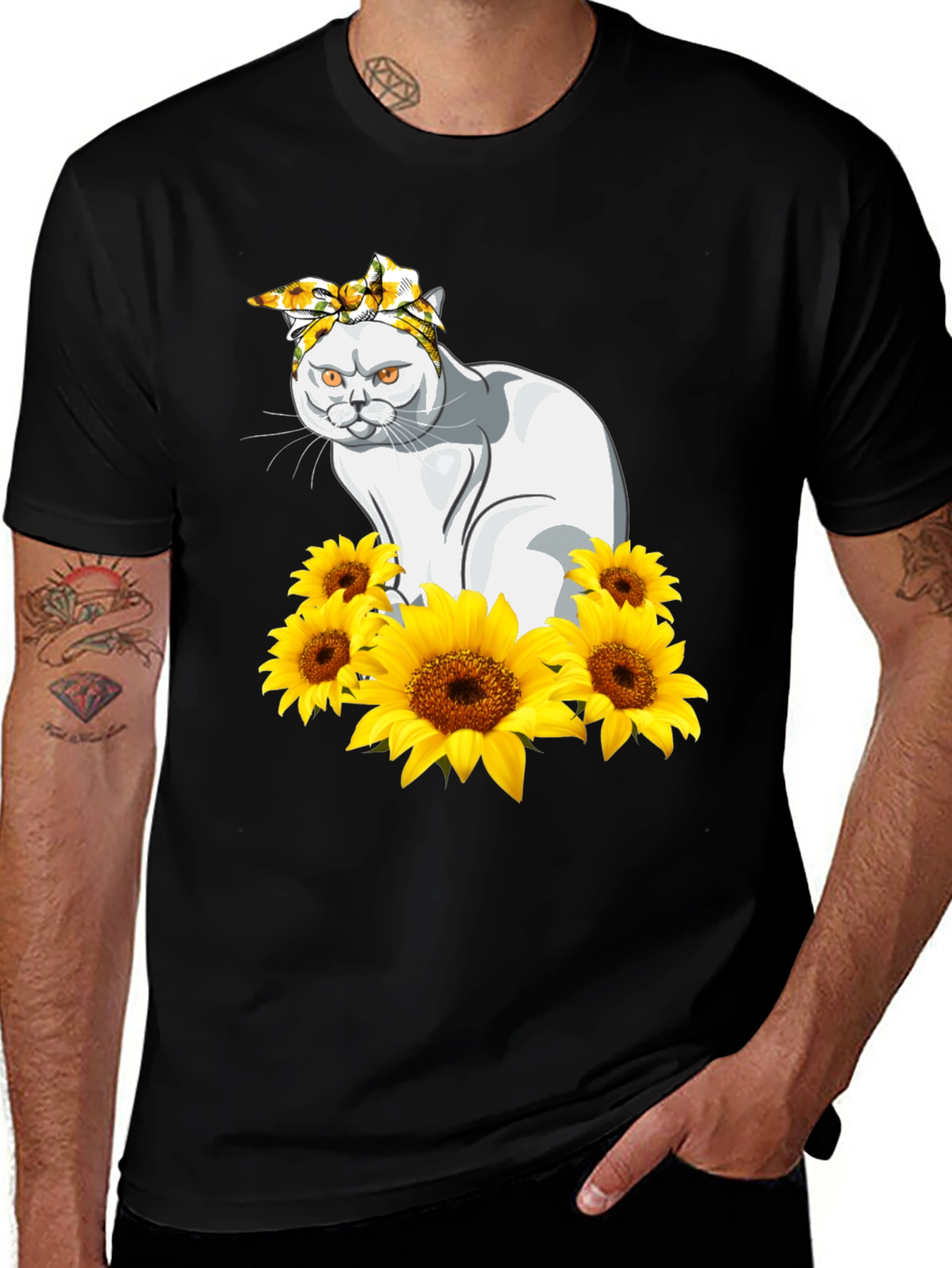 Cat Sunflower T-Shirt - Black Graphic Tee