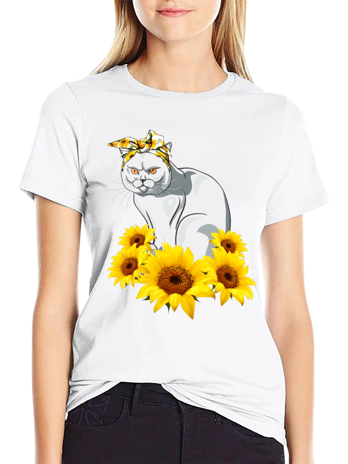 Cat Sunflower T-Shirt - Black Graphic Tee