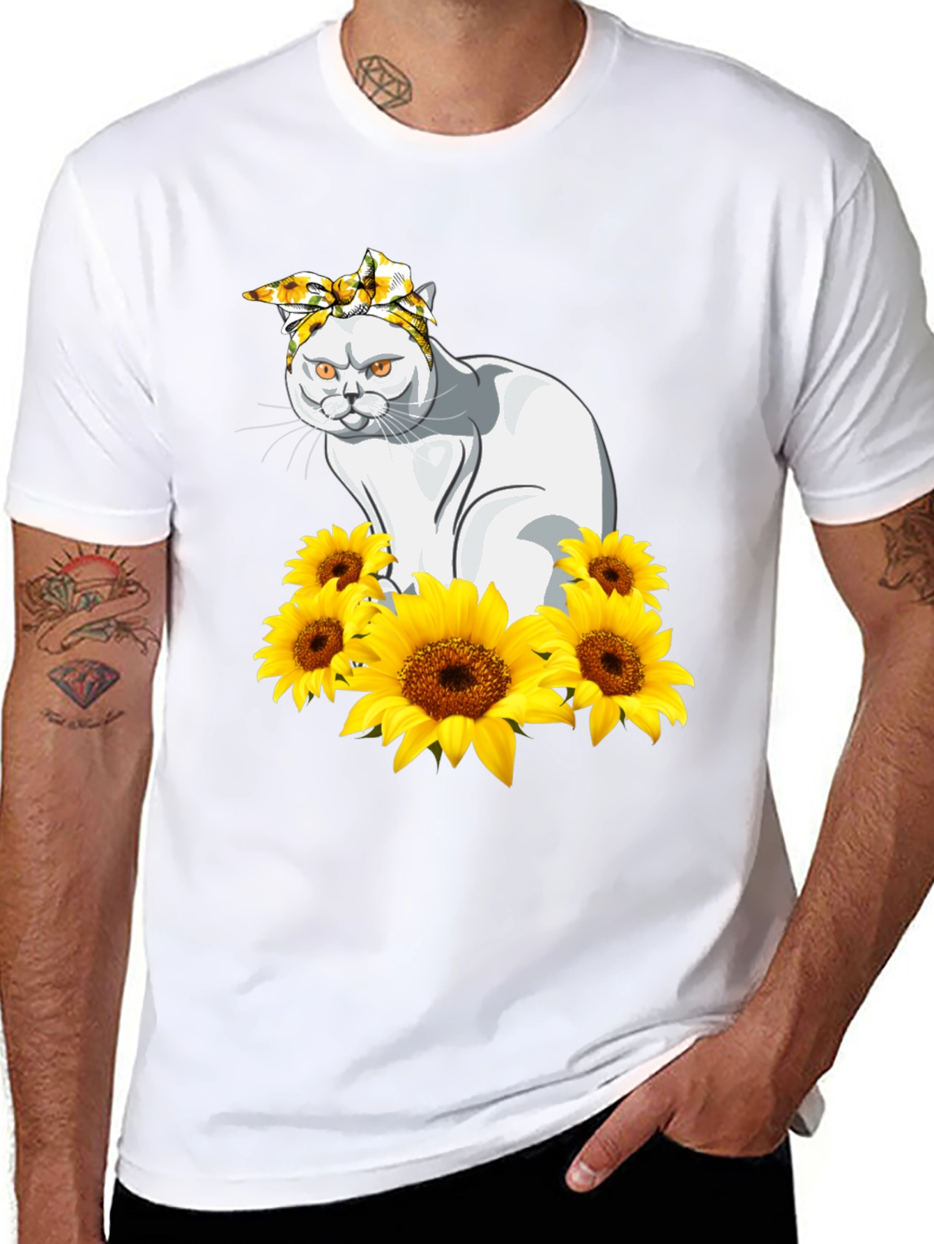 Cat Sunflower T-Shirt - Black Graphic Tee