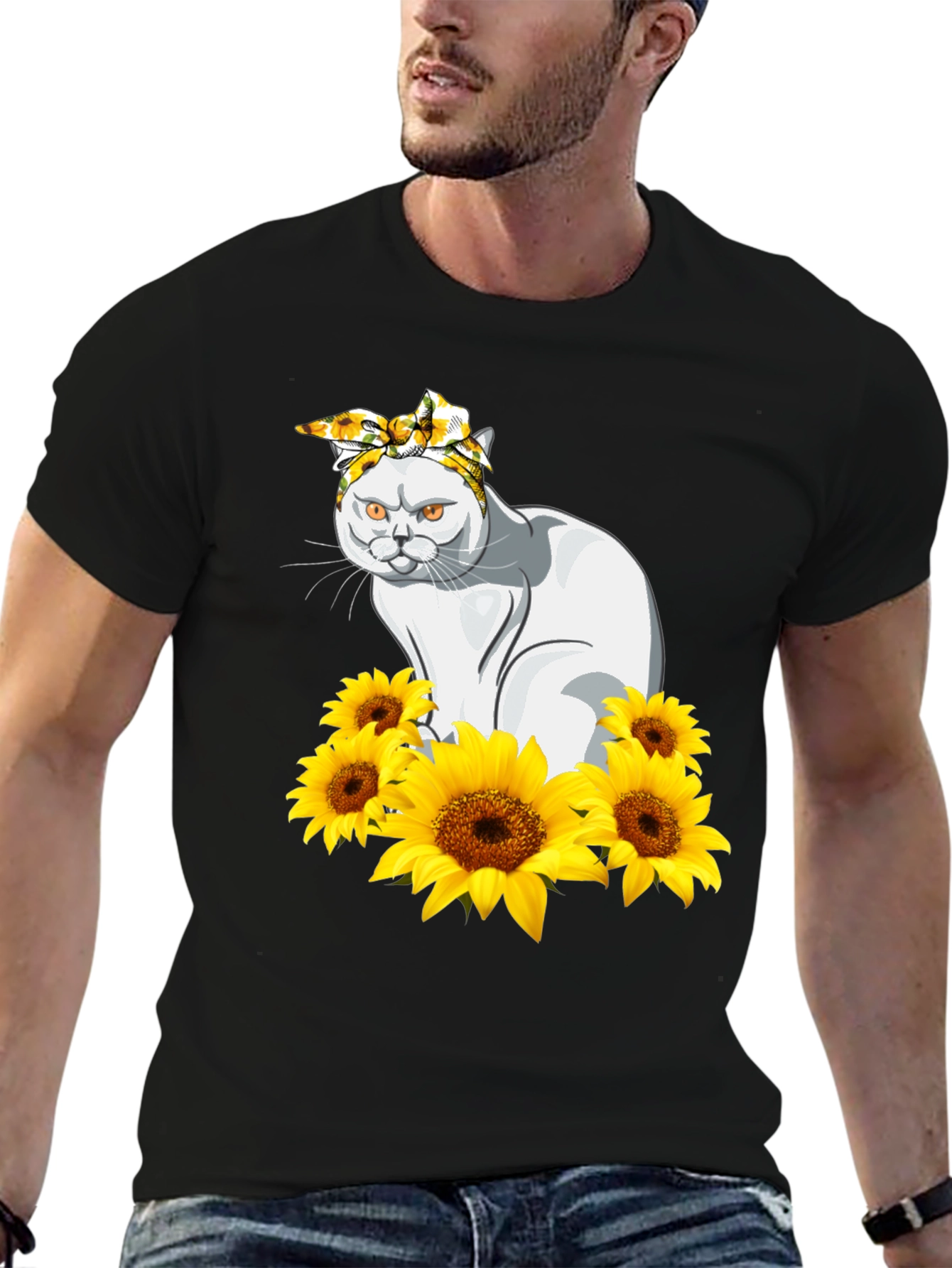 Cat Sunflower T-Shirt - Black Graphic Tee