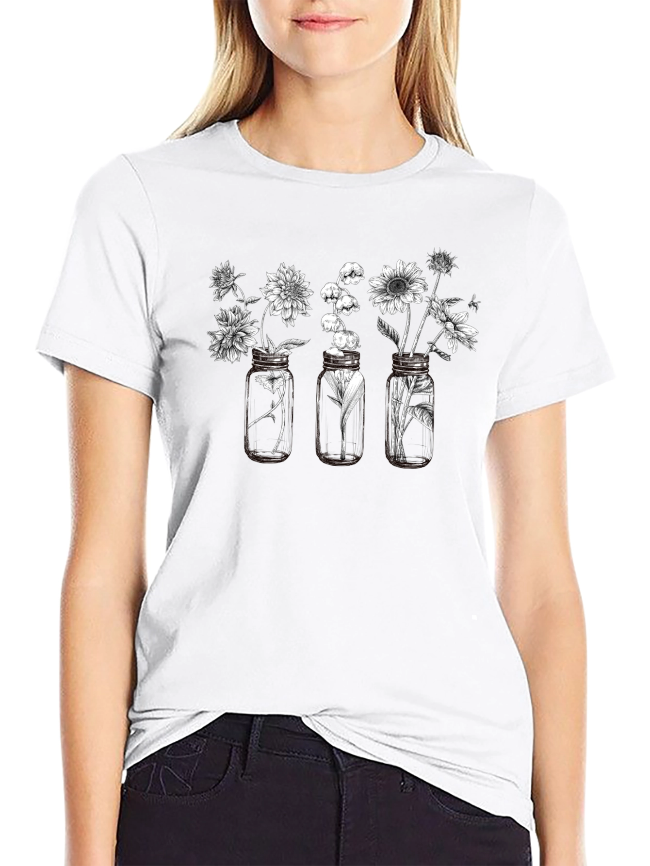 Floral Jars Graphic Tee - Black Cotton Blend