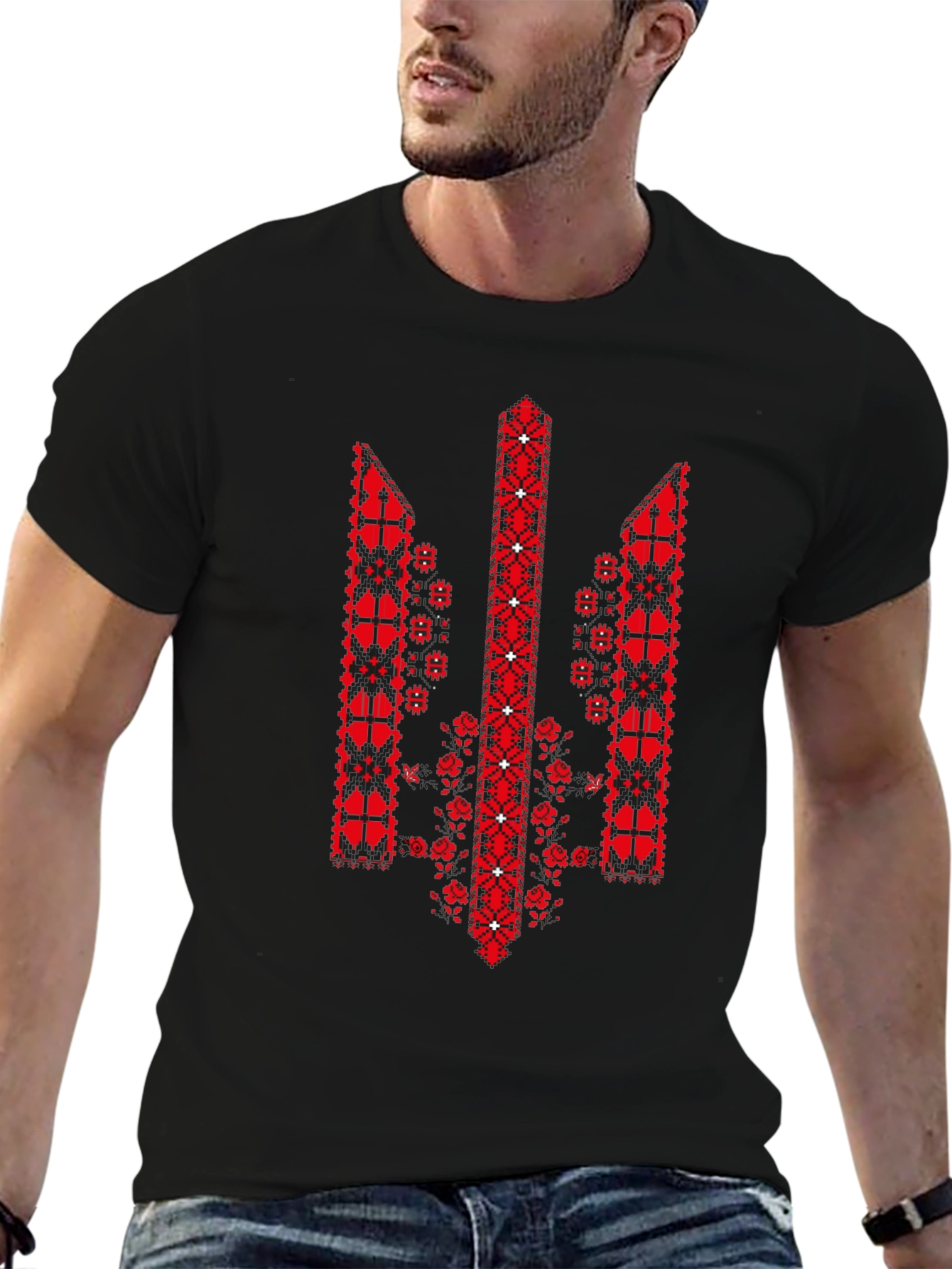 Ukrainian Trident Embroidered Black T-Shirt