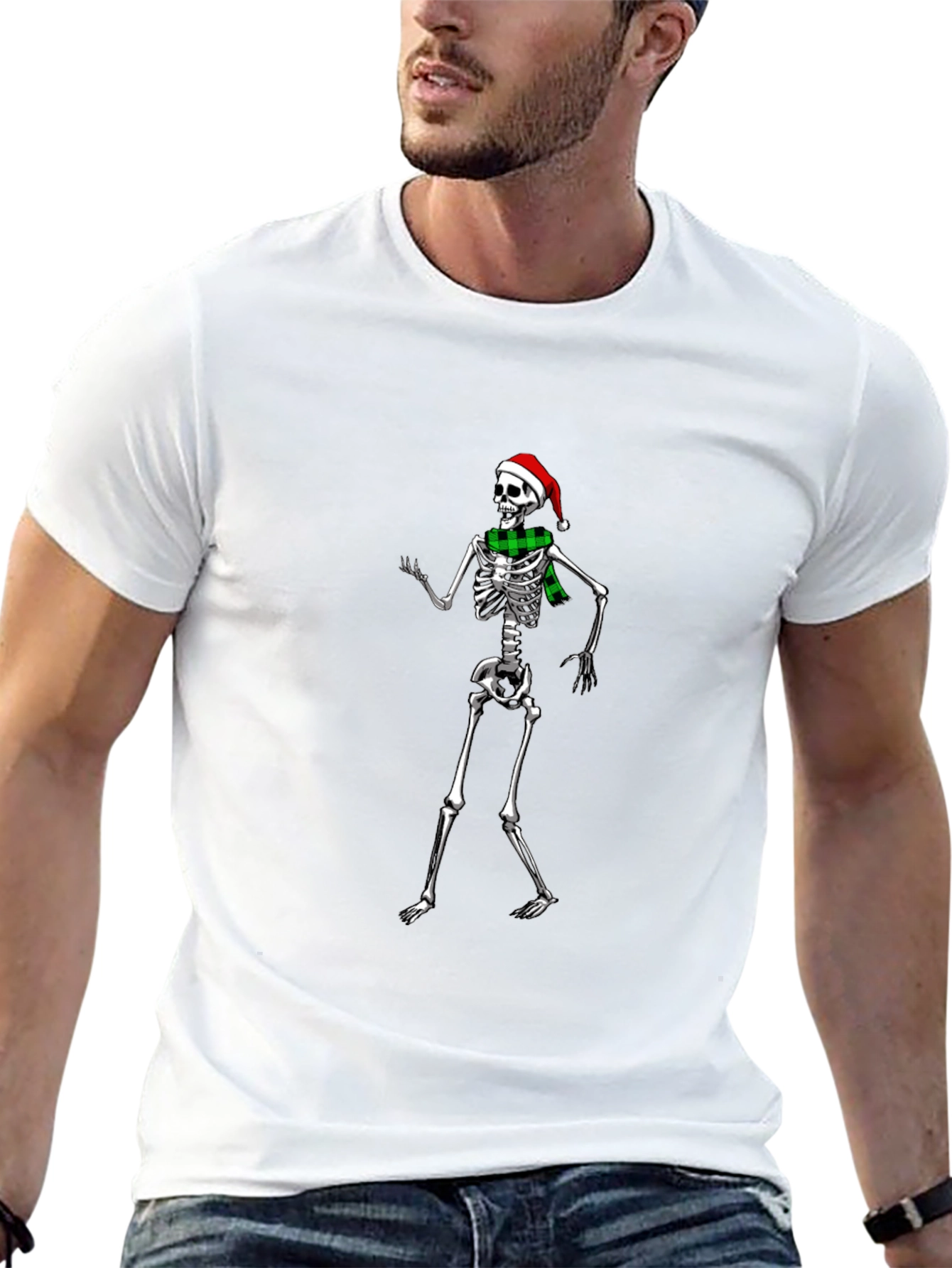 Festive Skeleton T-Shirt: Santa Hat & Scarf