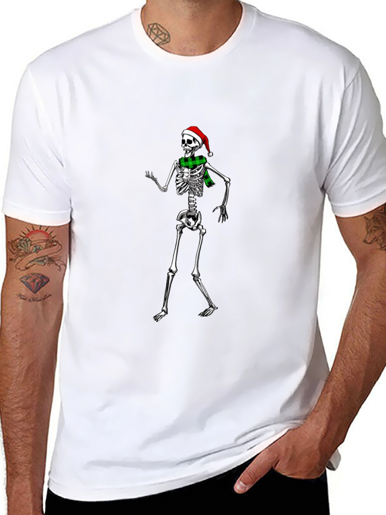 Festive Skeleton T-Shirt: Santa Hat & Scarf