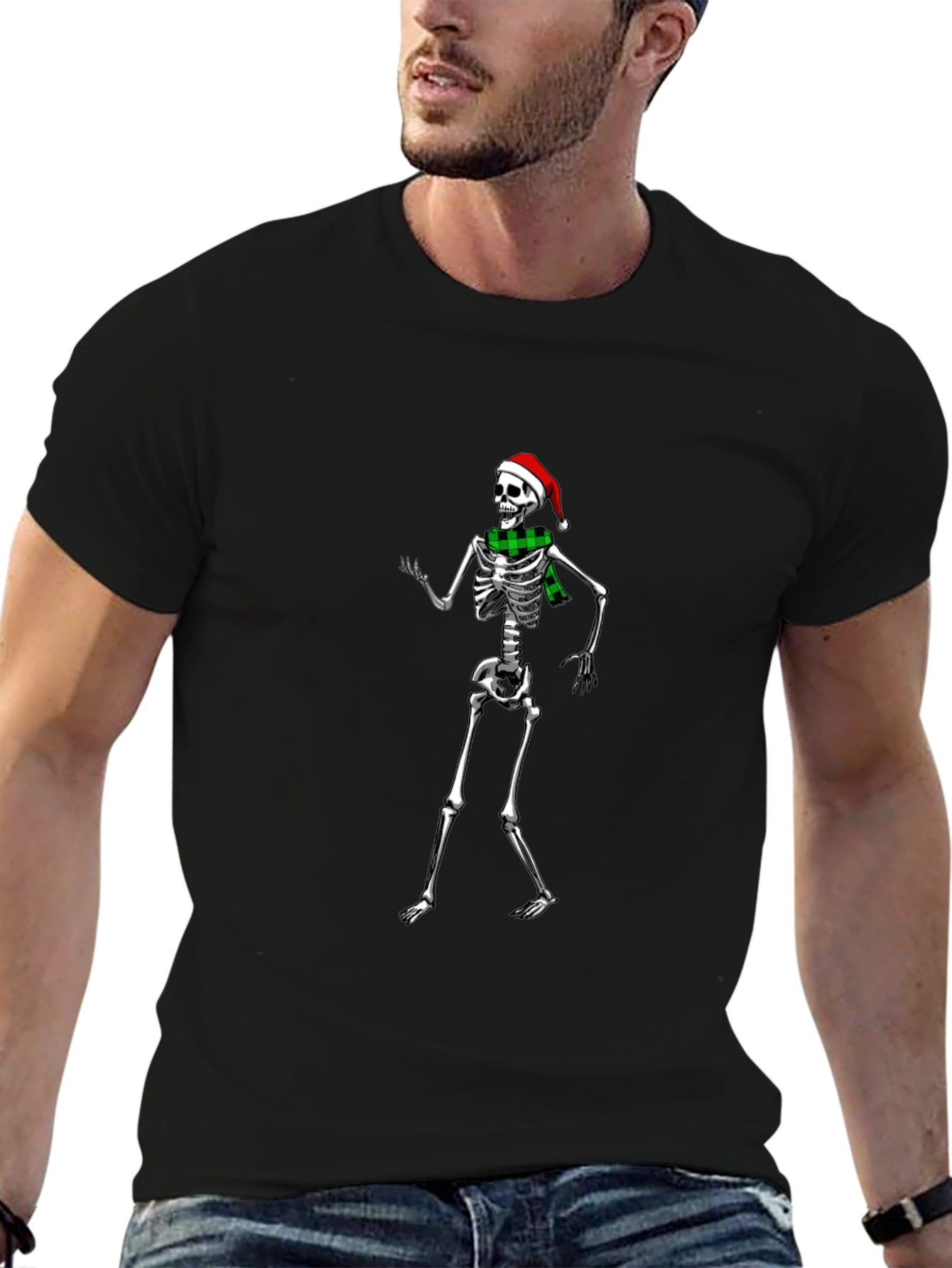 Festive Skeleton T-Shirt: Santa Hat & Scarf