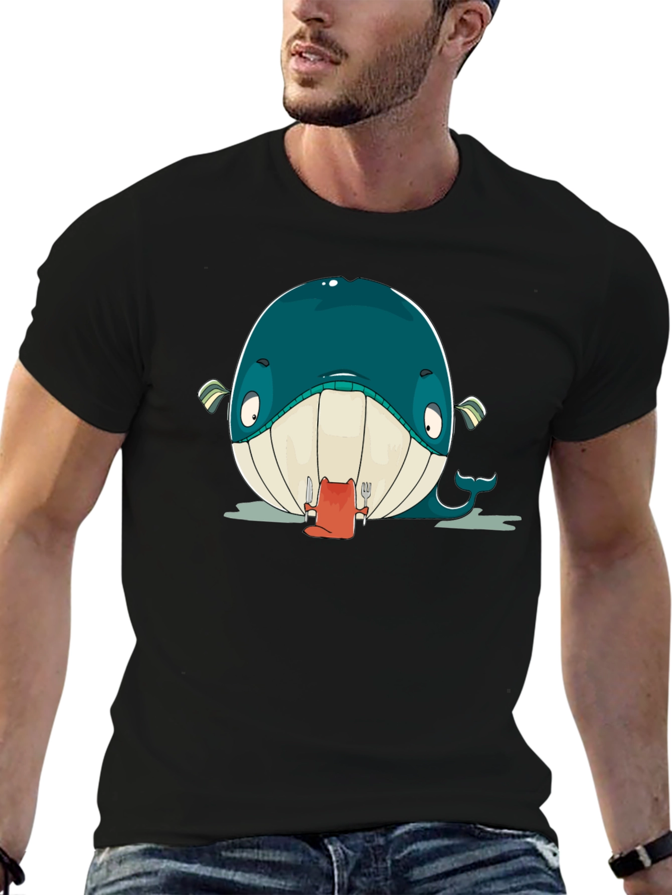 Cartoon Whale Graphic Black T-Shirt