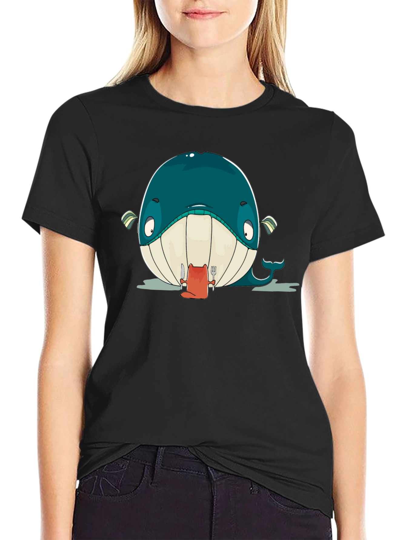 Cartoon Whale Graphic Black T-Shirt