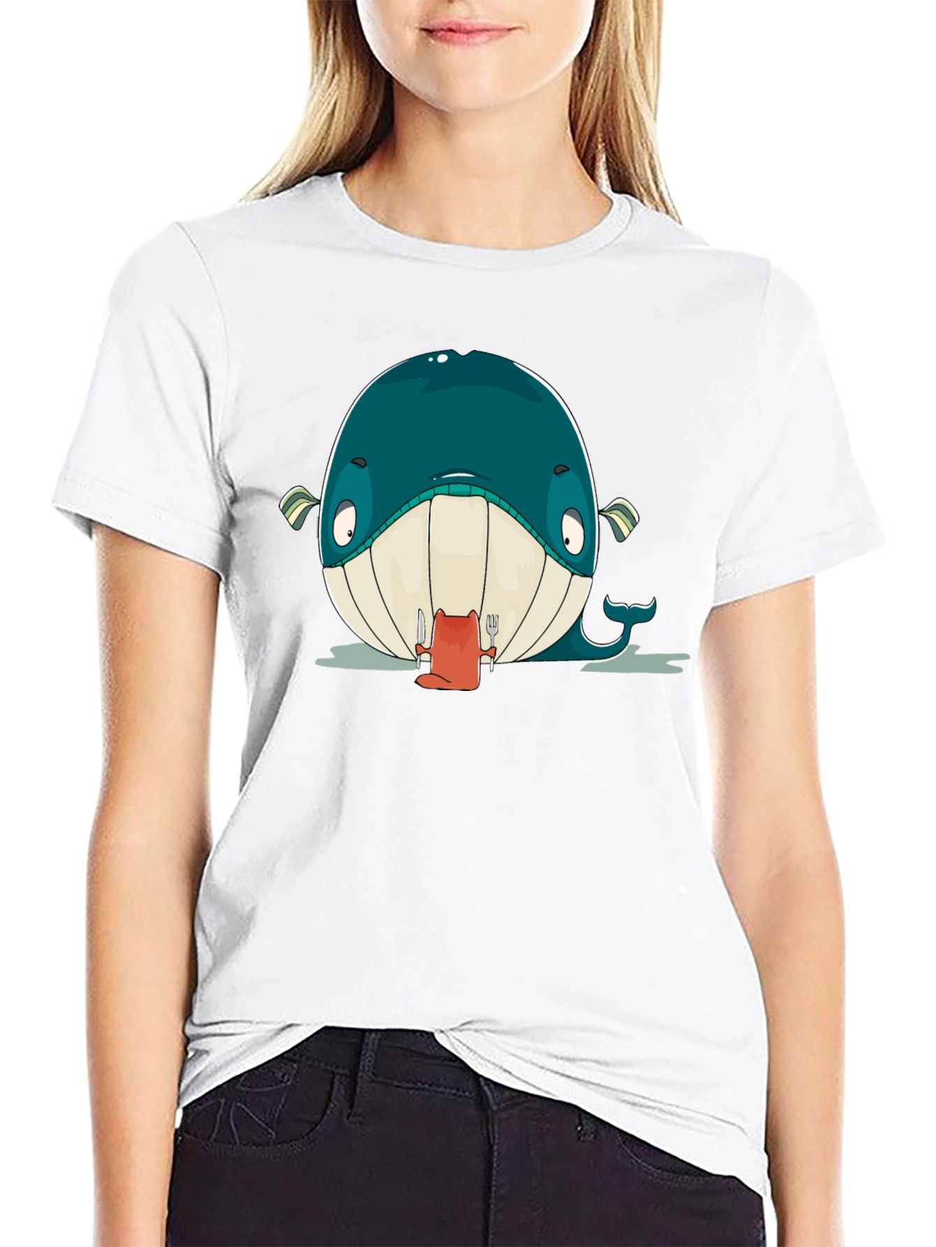 Cartoon Whale Graphic Black T-Shirt
