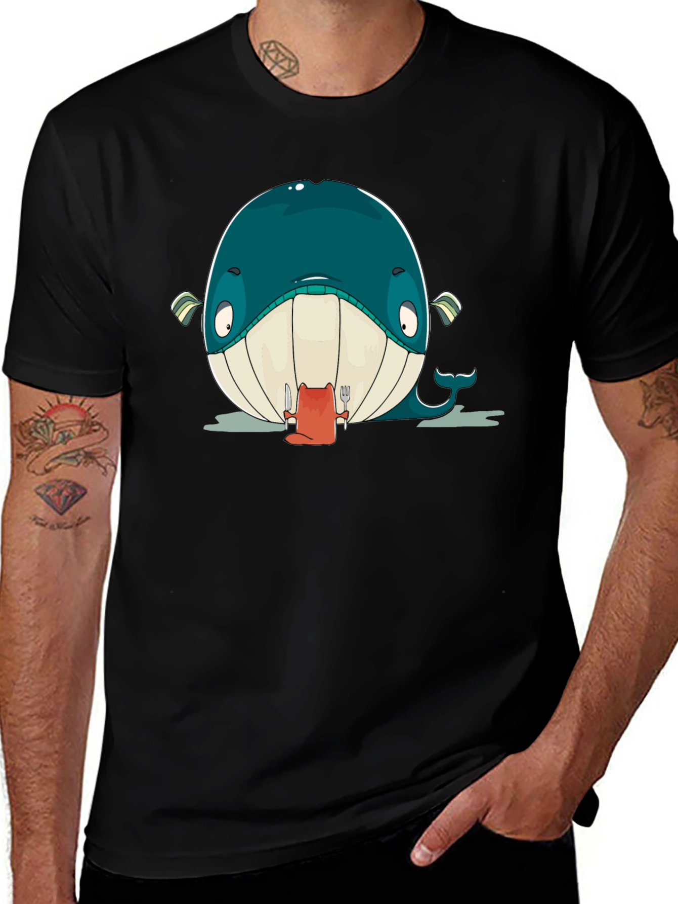 Cartoon Whale Graphic Black T-Shirt