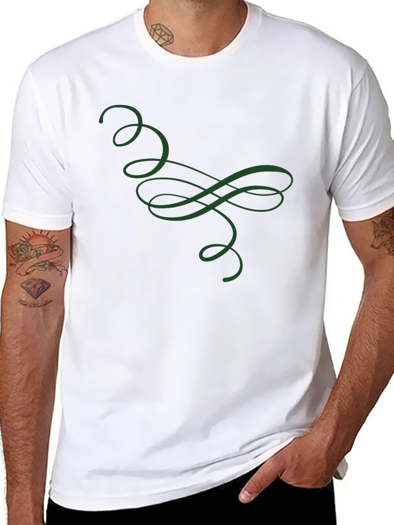 Elegant Green Swirl Graphic Black T-Shirt