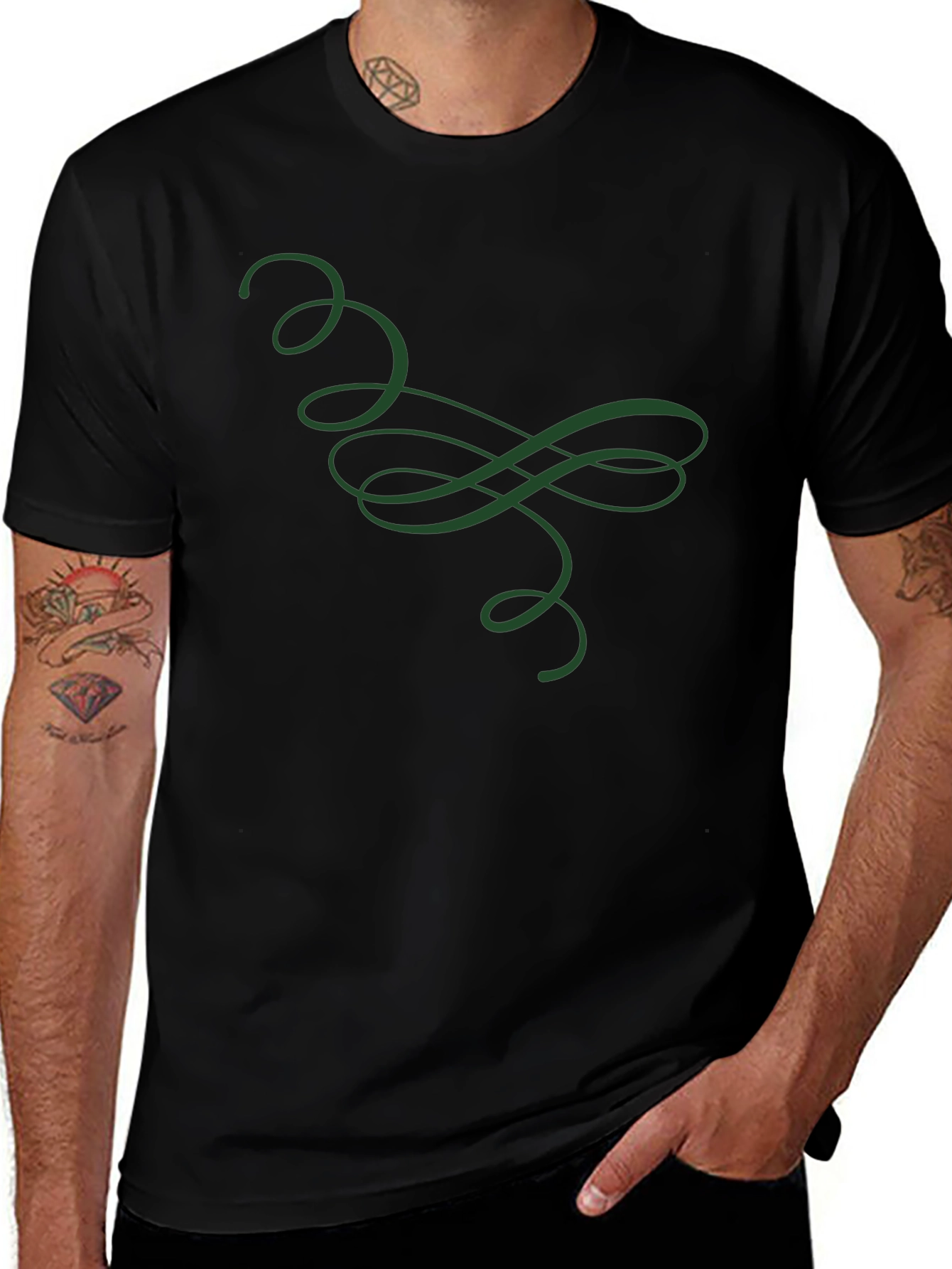 Elegant Green Swirl Graphic Black T-Shirt