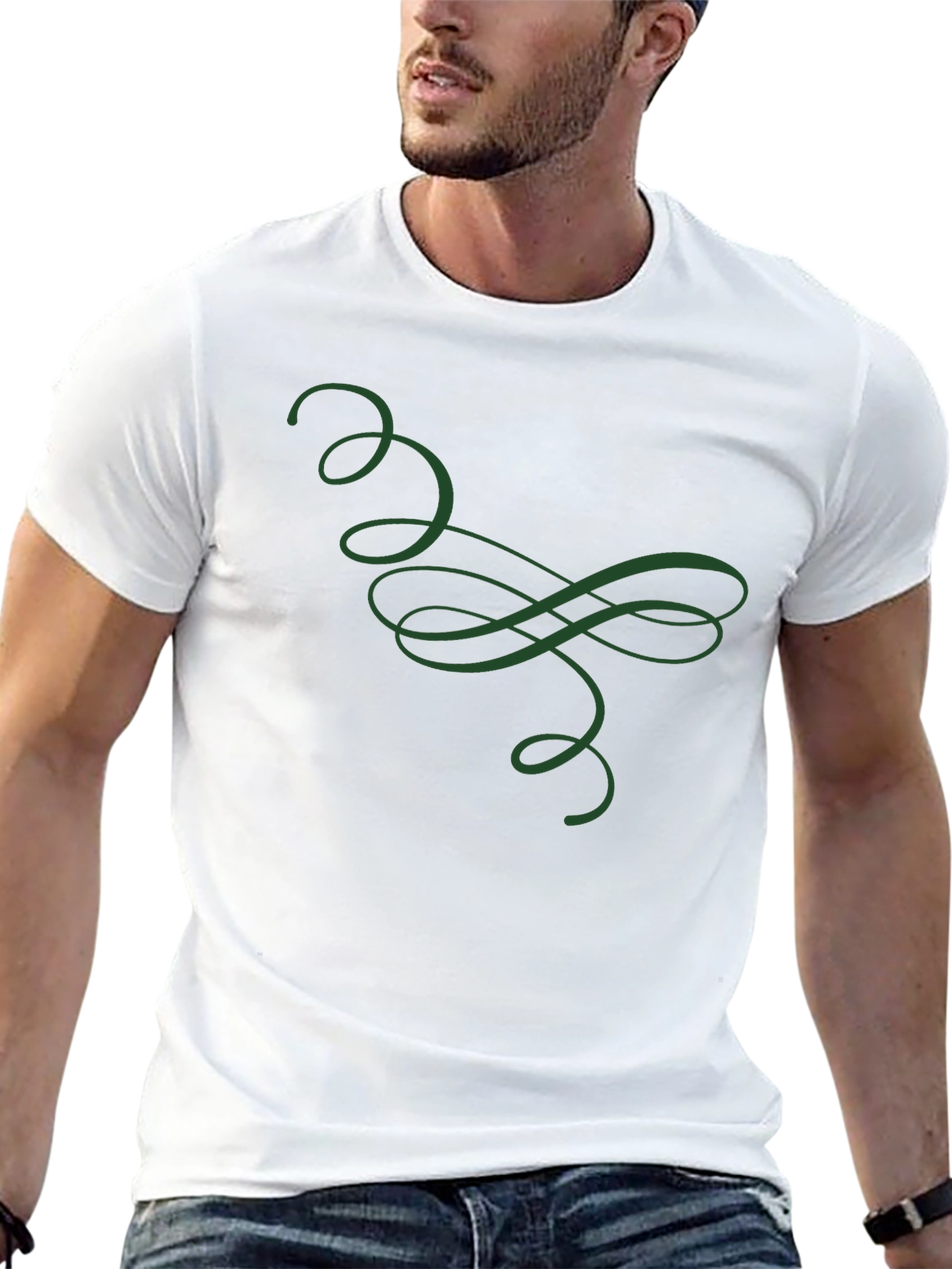 Elegant Green Swirl Graphic Black T-Shirt