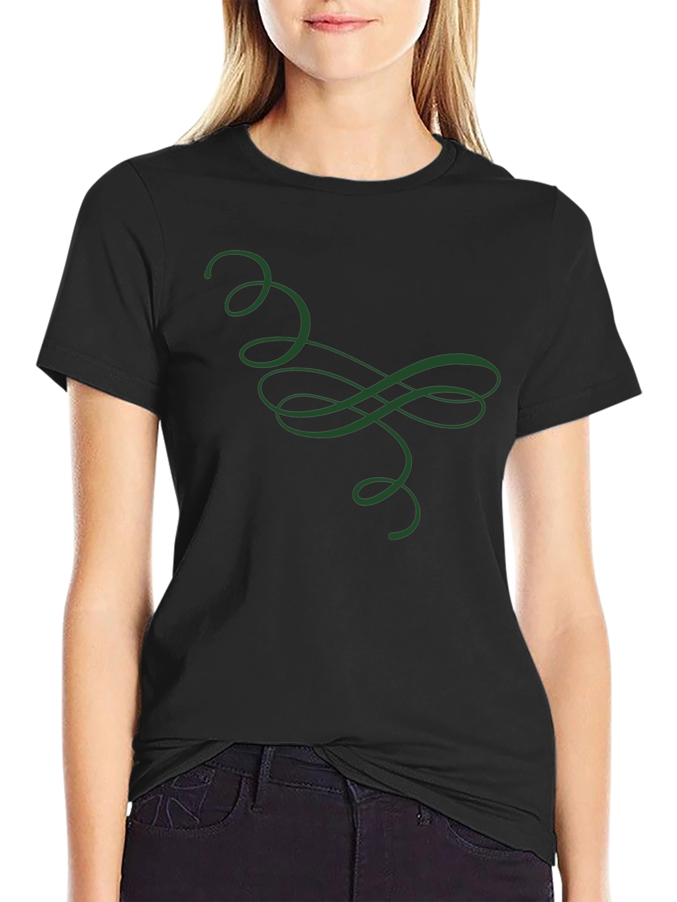 Elegant Green Swirl Graphic Black T-Shirt