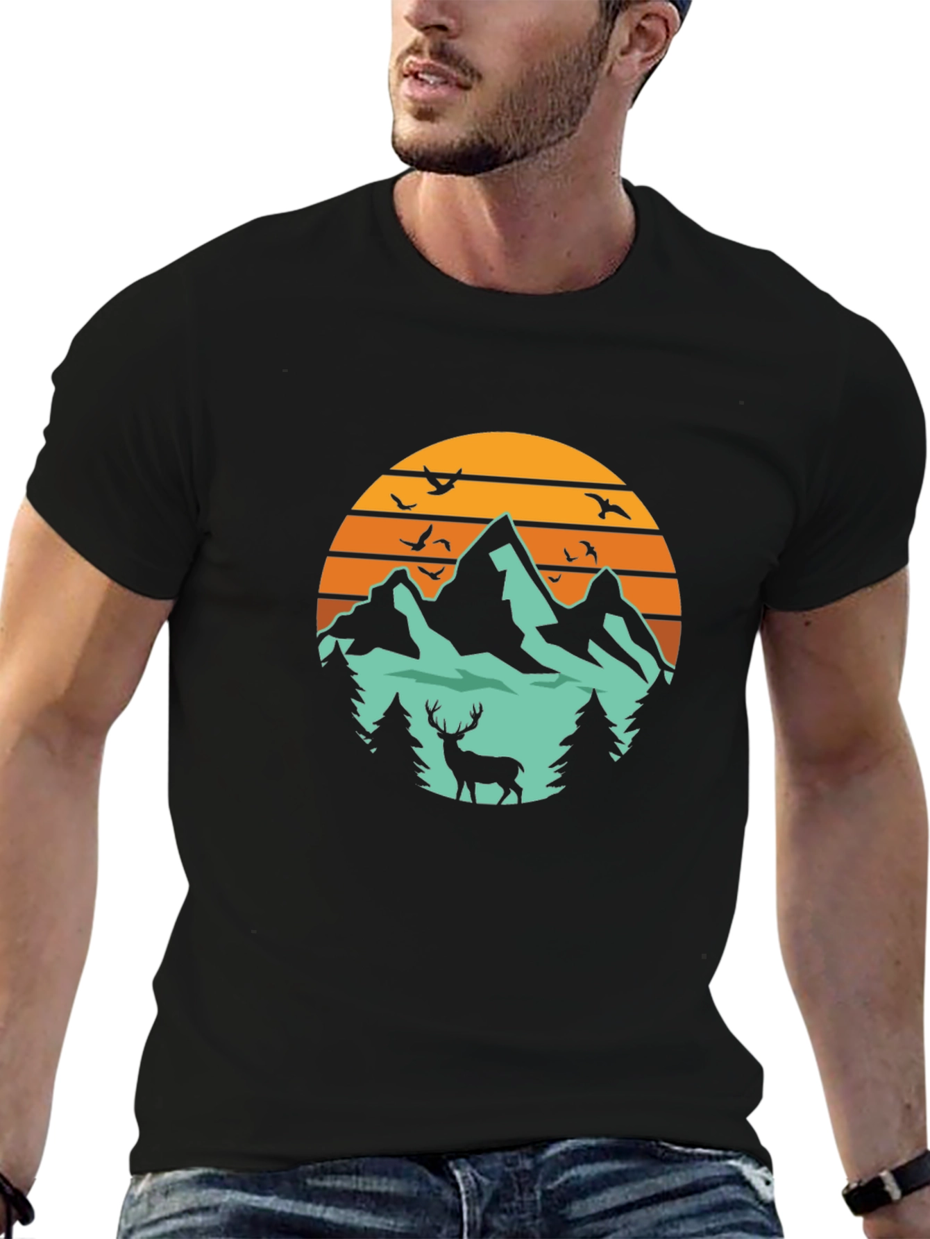 Mountain & Deer Graphic Tee - Nature Lovers T-Shirt
