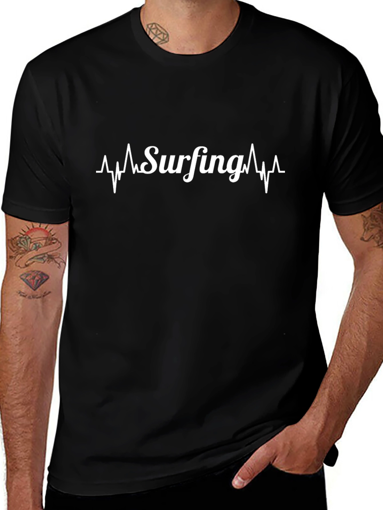 Surfing Heartbeat Black Graphic T-Shirt