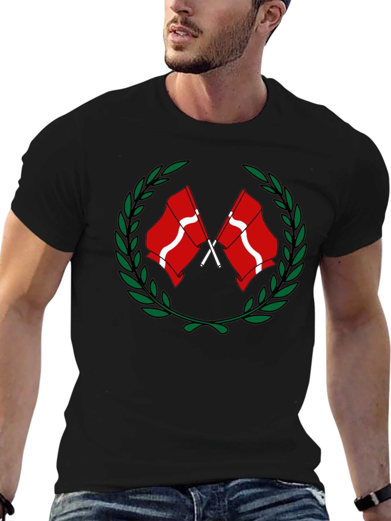 Denmark Flag Laurel Wreath Black T-Shirt