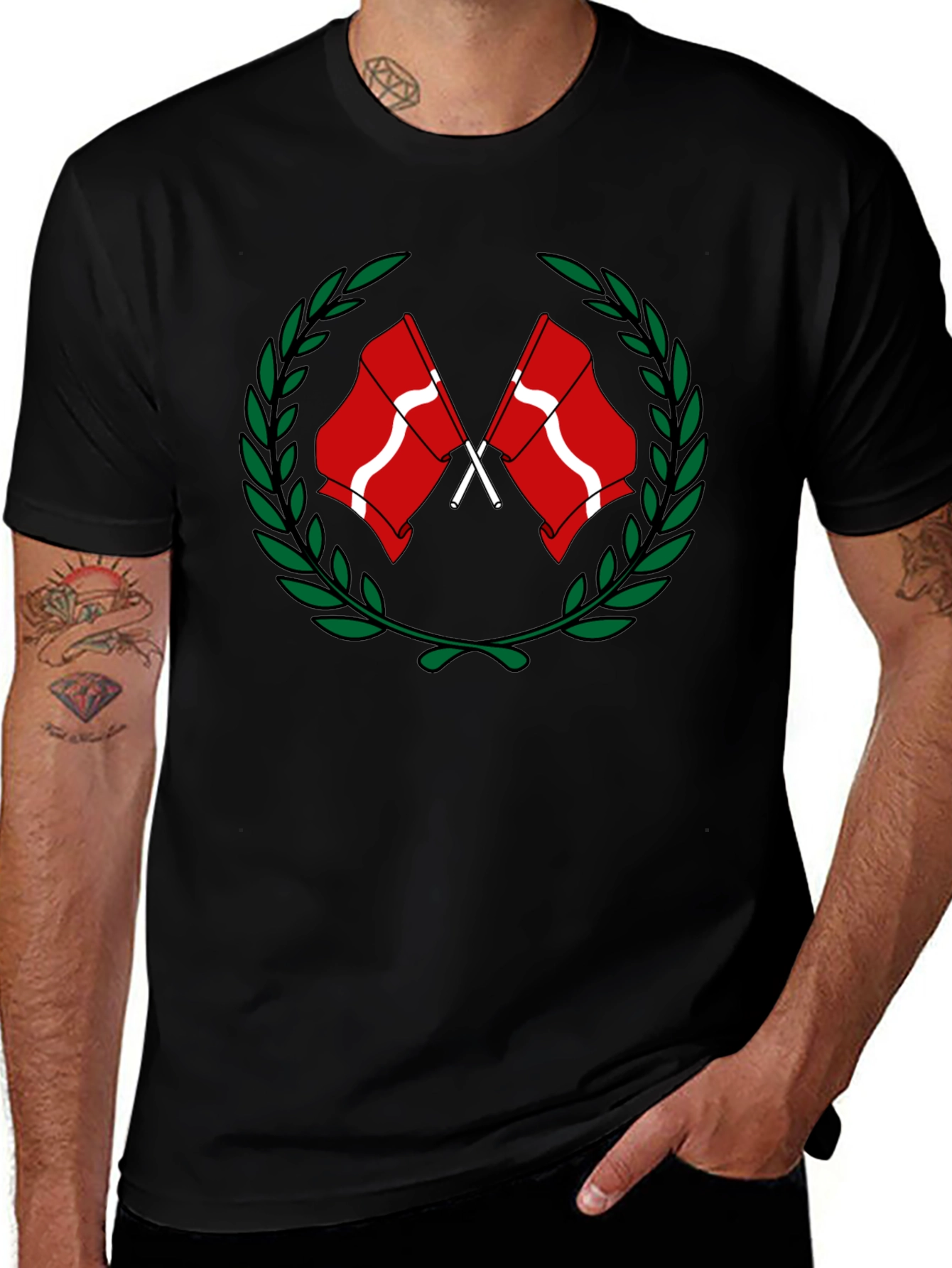 Denmark Flag Laurel Wreath Black T-Shirt