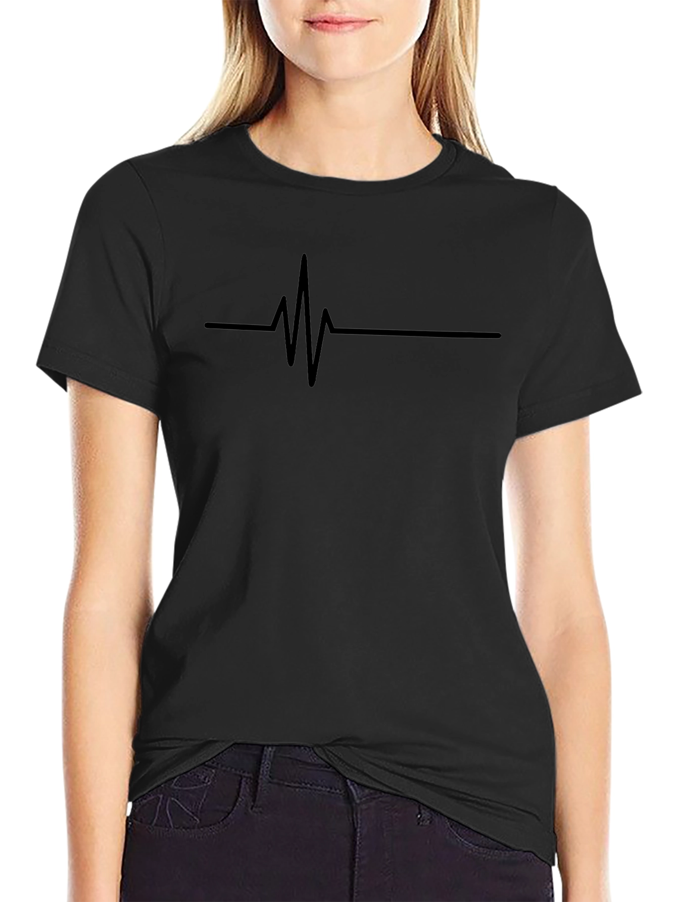 Black Heartbeat Line Graphic Tee - Casual Style