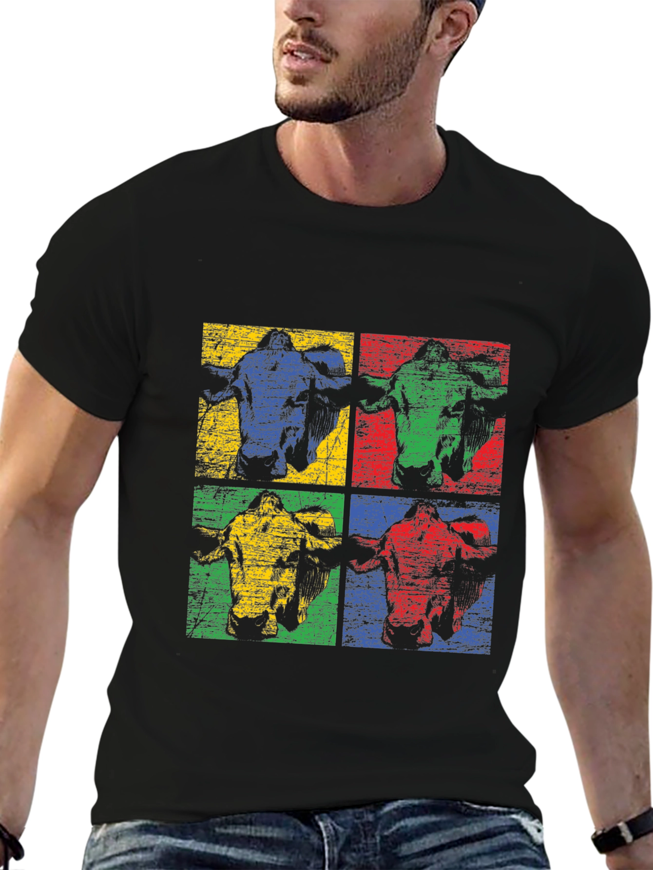 Retro Cow Pop Art Black T-Shirt