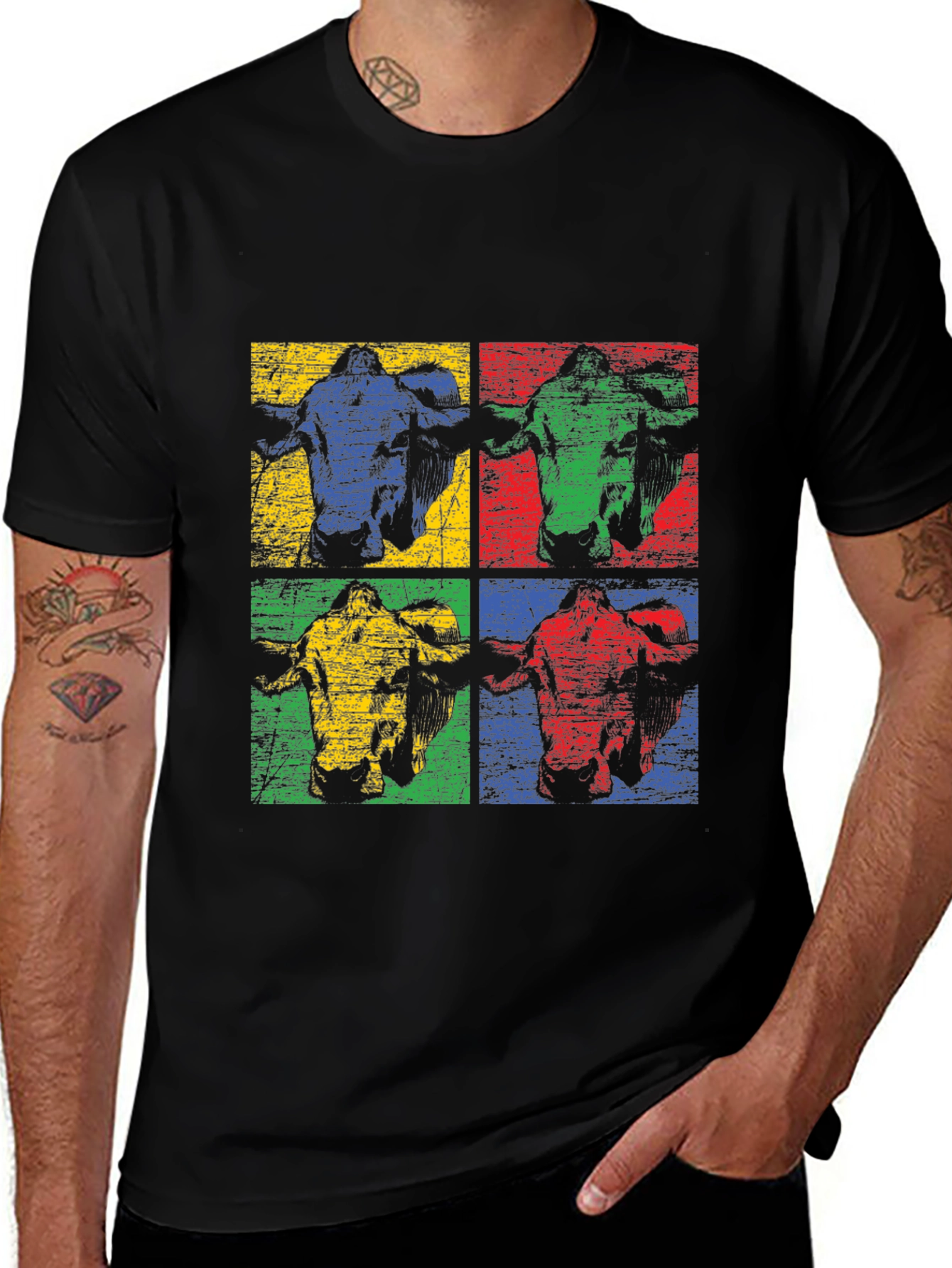 Retro Cow Pop Art Black T-Shirt