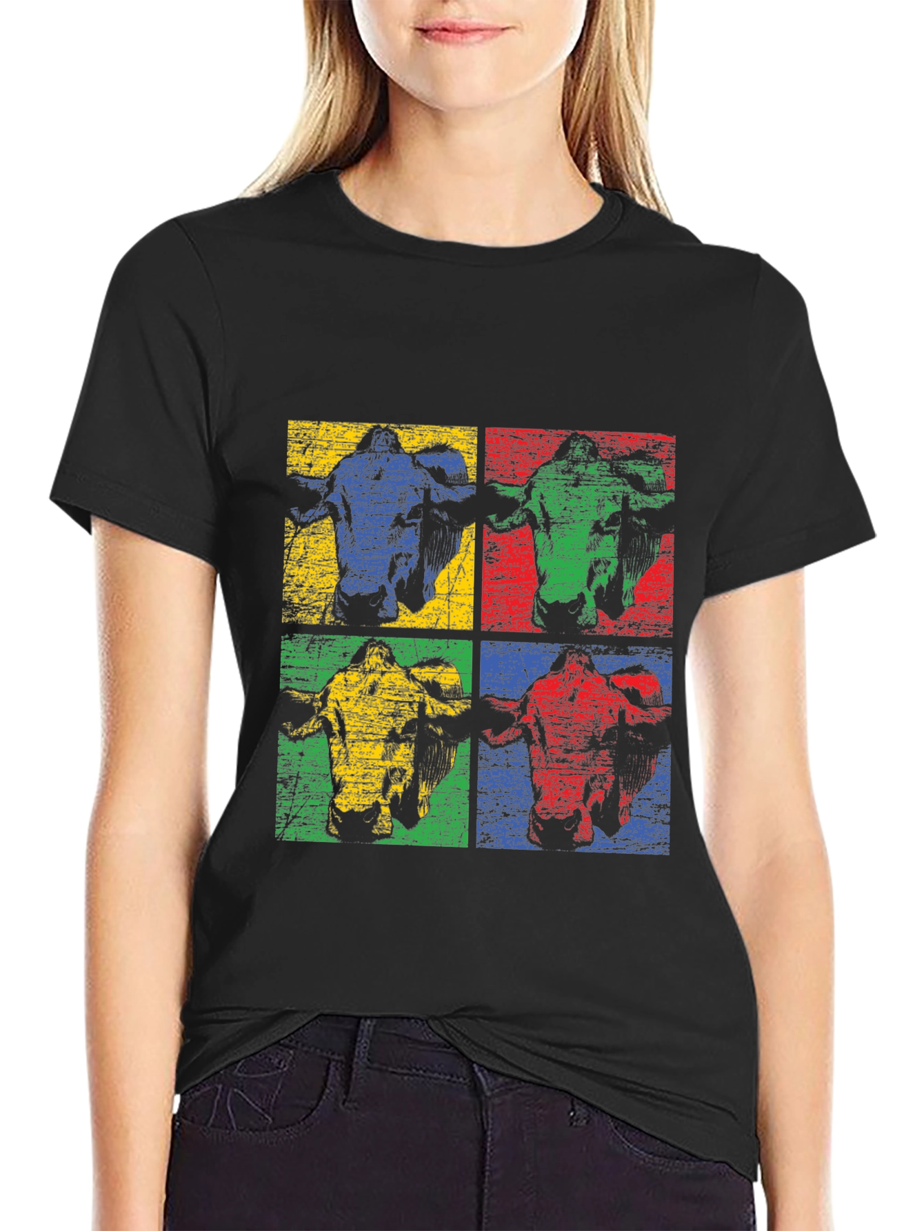 Retro Cow Pop Art Black T-Shirt