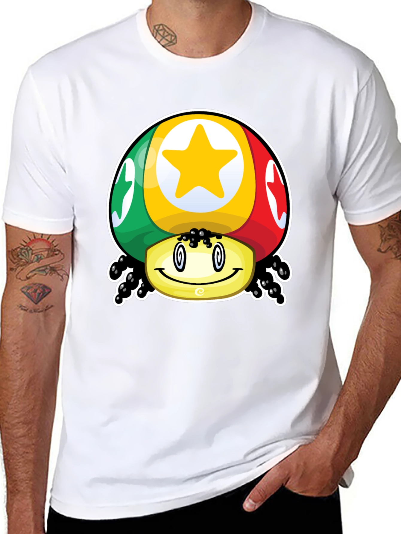 Funky Mushroom Star Graphic T-Shirt - Black Cotton Blend