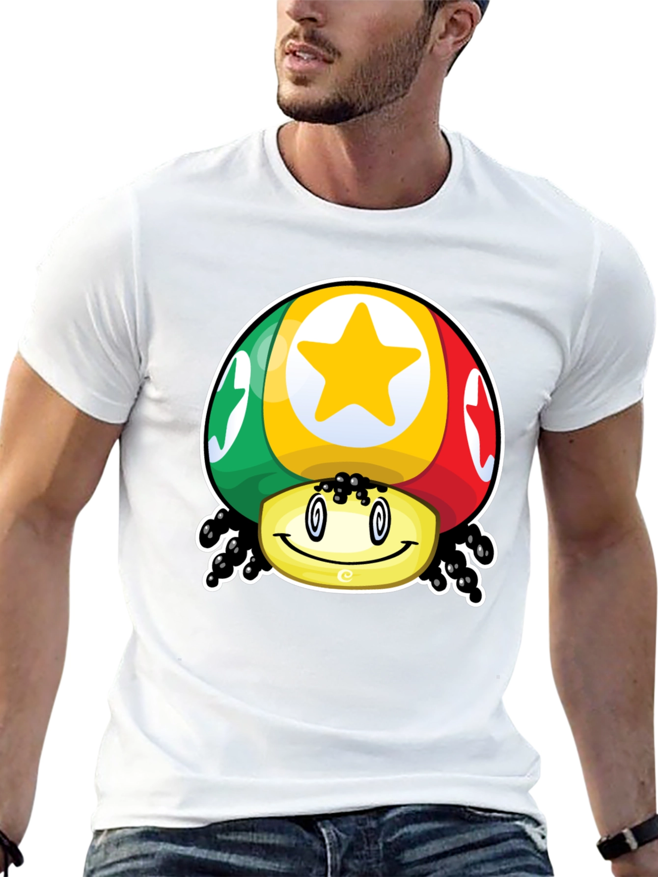 Funky Mushroom Star Graphic T-Shirt - Black Cotton Blend