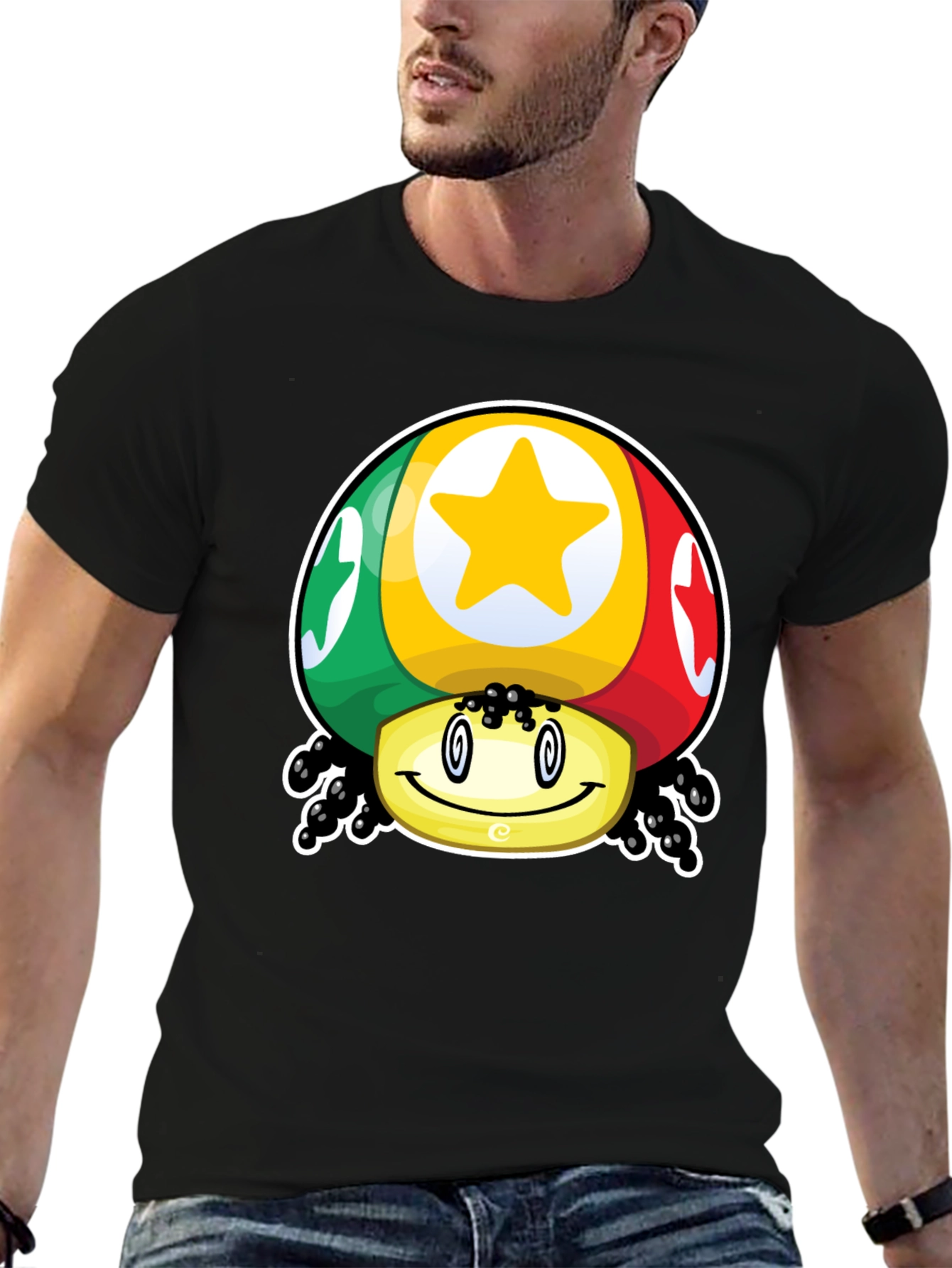 Funky Mushroom Star Graphic T-Shirt - Black Cotton Blend