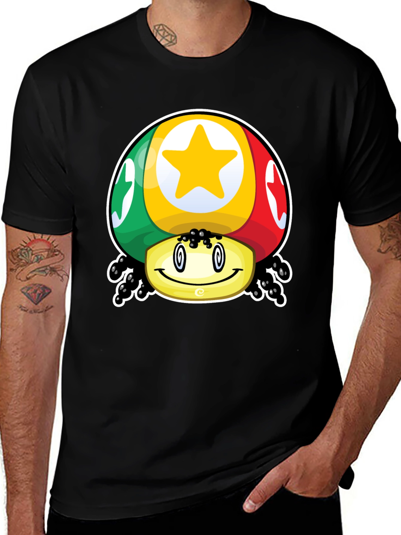 Funky Mushroom Star Graphic T-Shirt - Black Cotton Blend