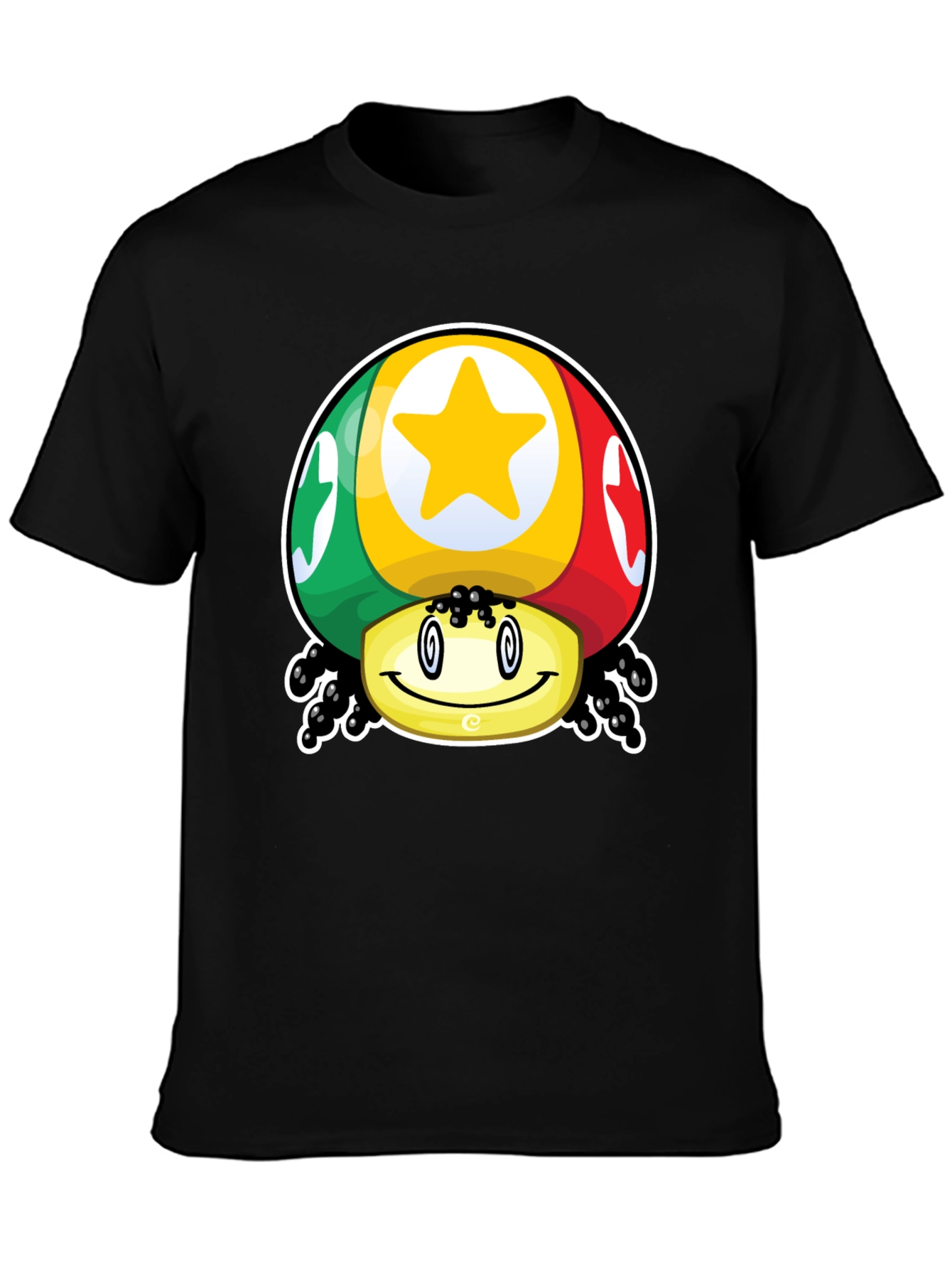 Funky Mushroom Star Graphic T-Shirt - Black Cotton Blend