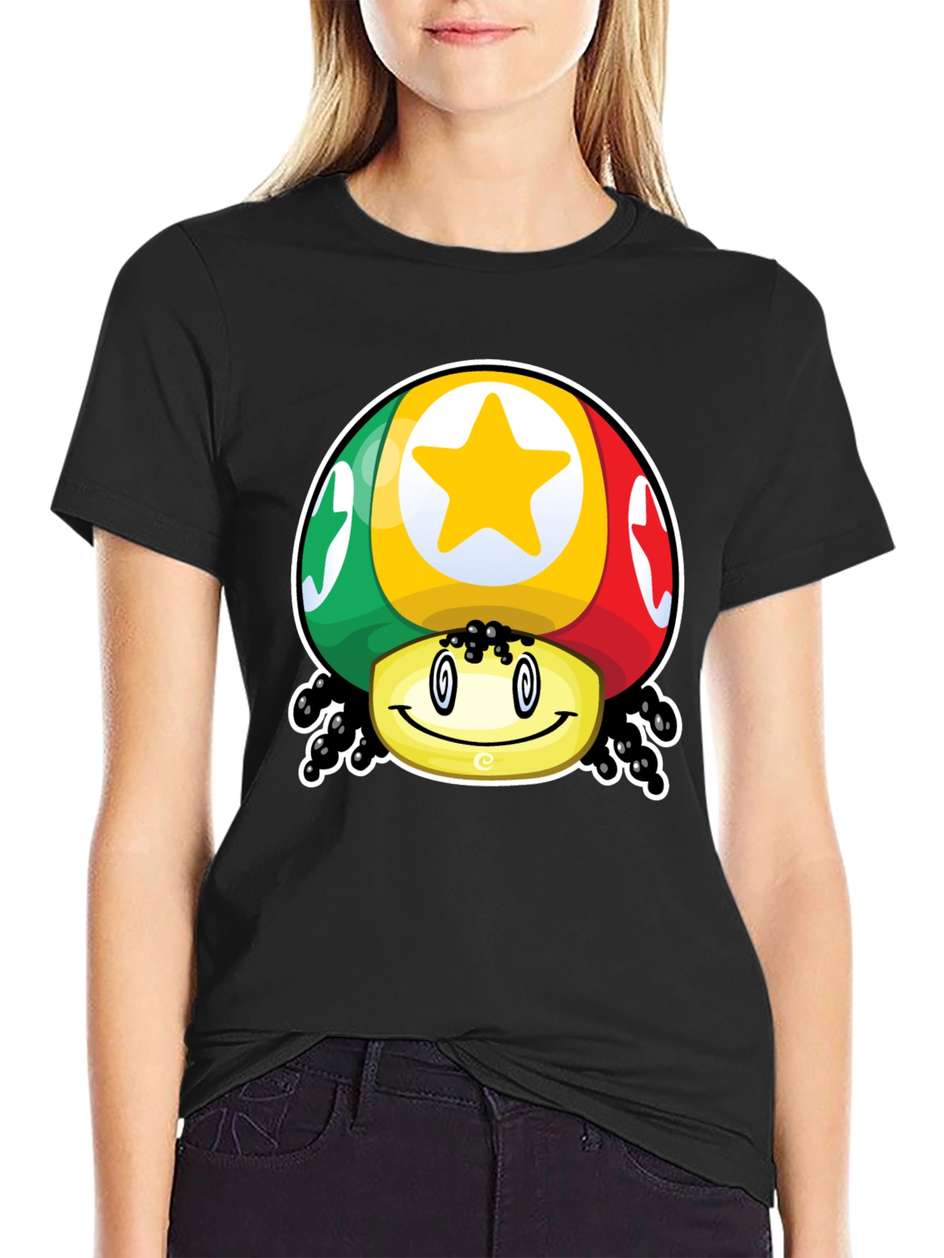 Funky Mushroom Star Graphic T-Shirt - Black Cotton Blend