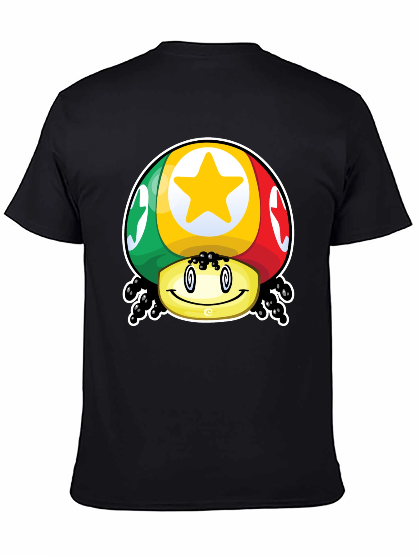 Funky Mushroom Star Graphic T-Shirt - Black Cotton Blend