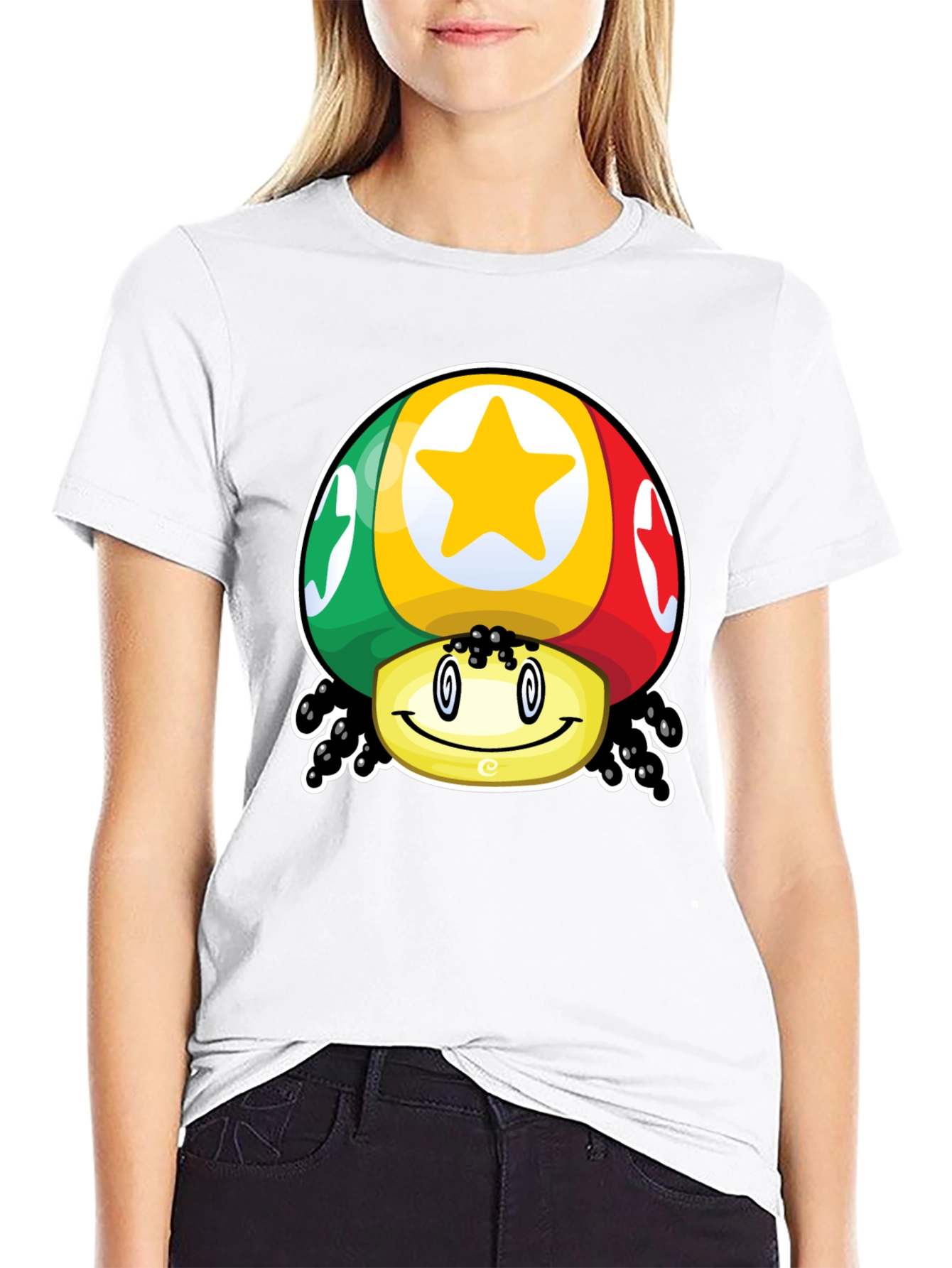 Funky Mushroom Star Graphic T-Shirt - Black Cotton Blend