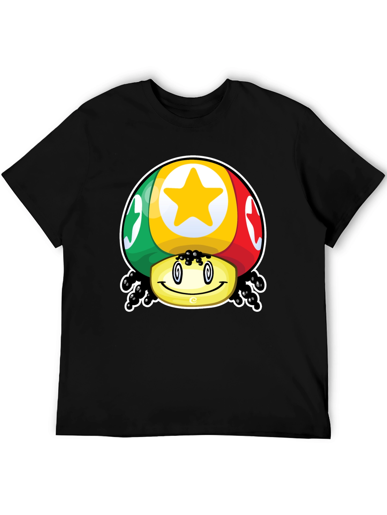Funky Mushroom Star Graphic T-Shirt - Black Cotton Blend