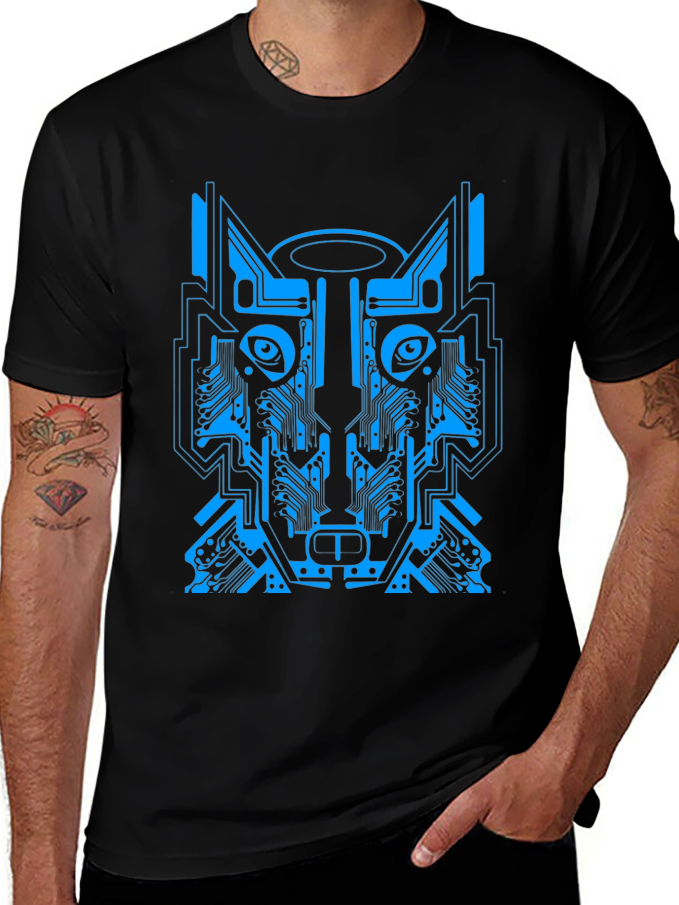 Cyber Wolf Graphic Tee - Unique Circuit Design
