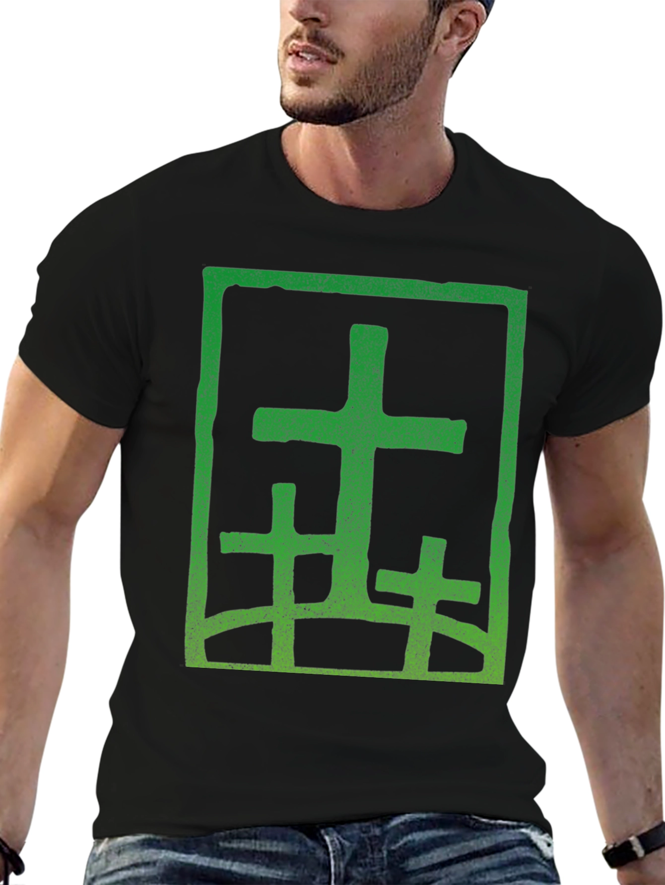 Green Cross Graphic Black T-Shirt