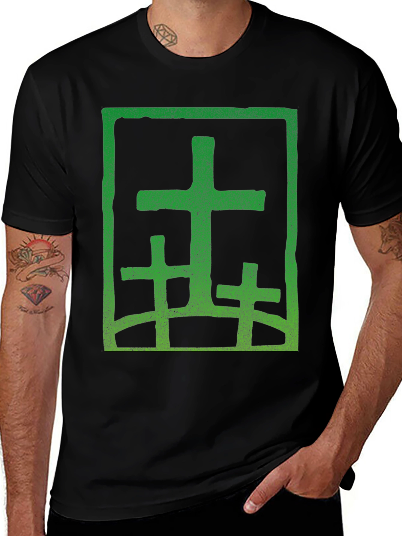 Green Cross Graphic Black T-Shirt
