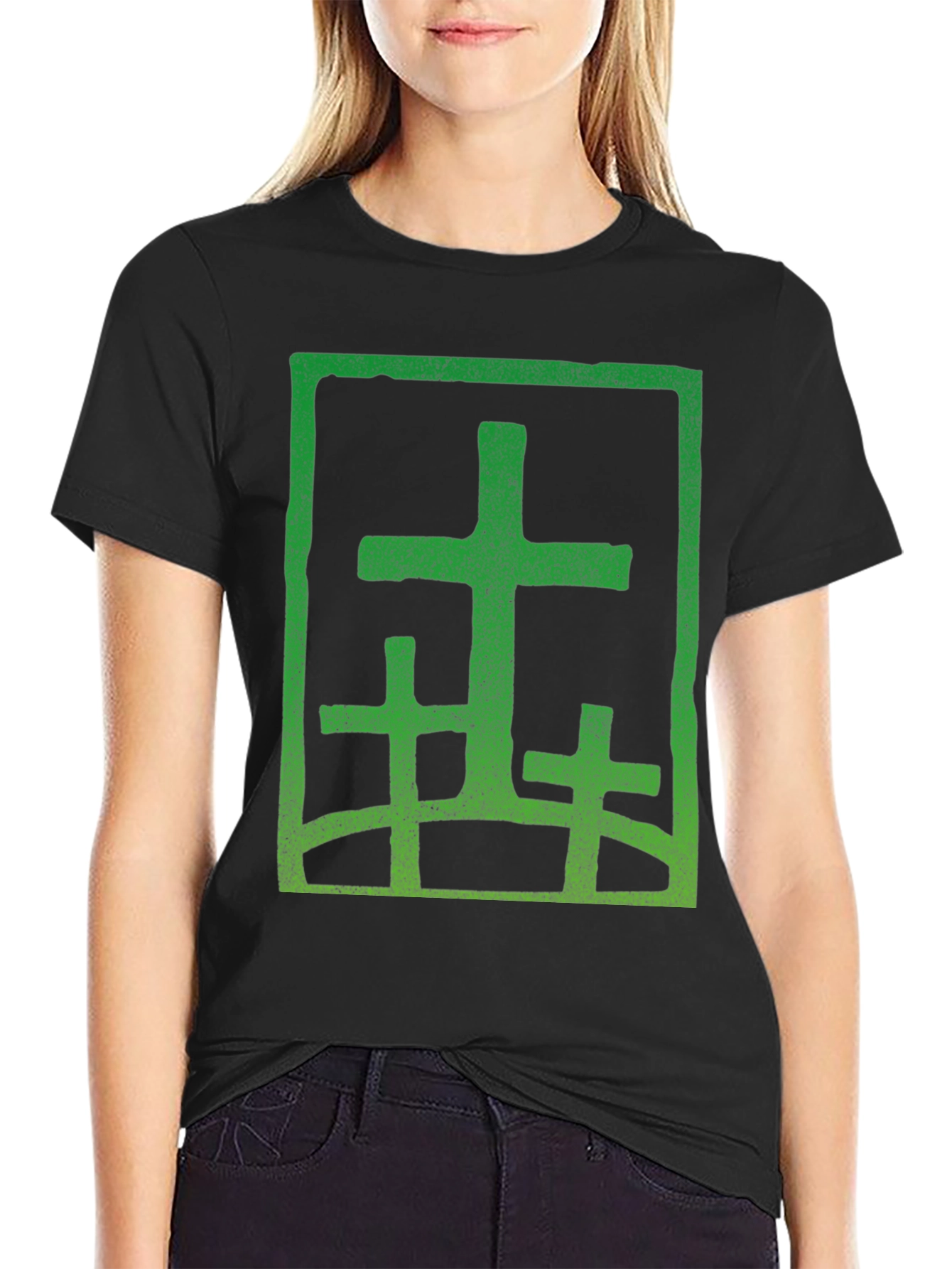 Green Cross Graphic Black T-Shirt