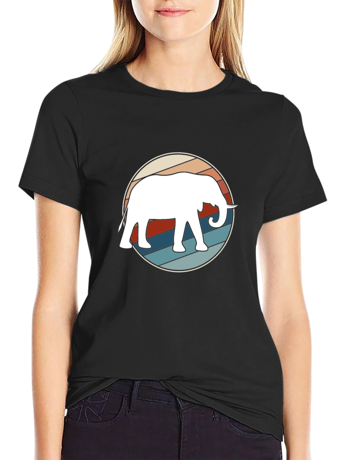 Retro Elephant Graphic Tee - Black Cotton Casual Shirt