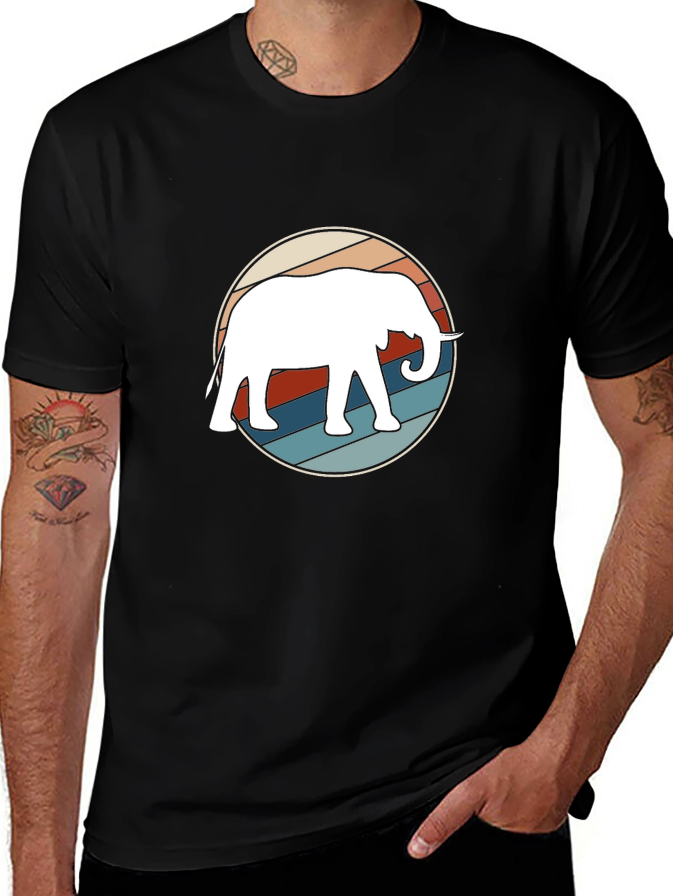 Retro Elephant Graphic Tee - Black Cotton Casual Shirt