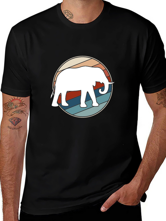 Retro Elephant Graphic Tee - Black Cotton Casual Shirt