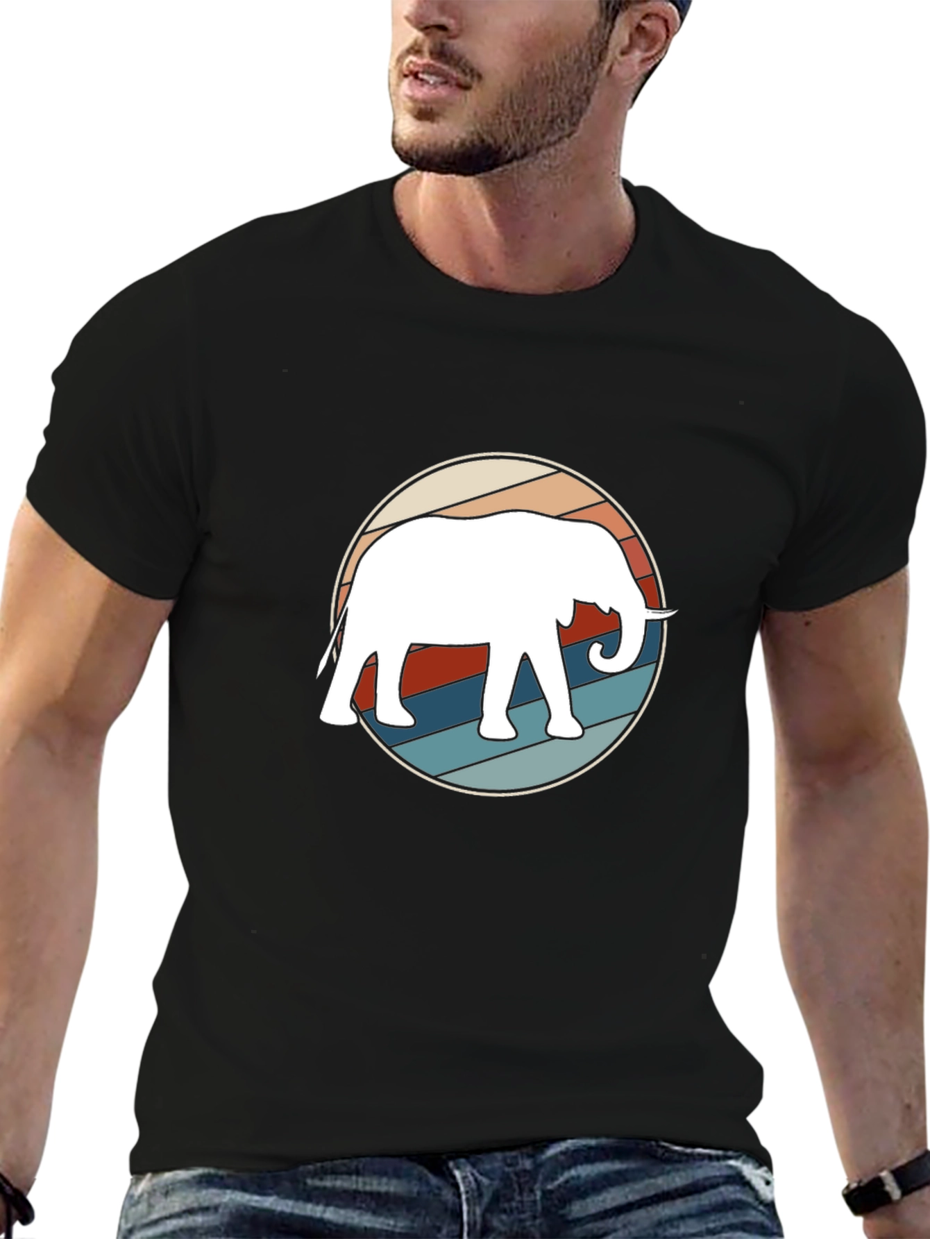 Retro Elephant Graphic Tee - Black Cotton Casual Shirt