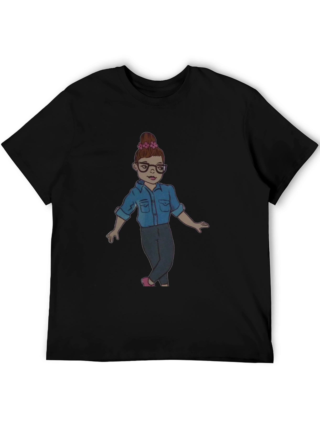 Black Tee with Cartoon Girl Design