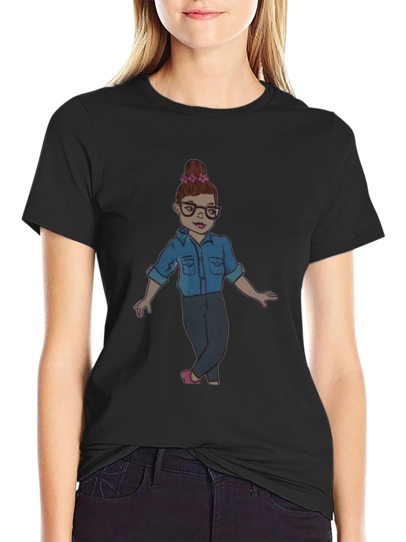 Black Tee with Cartoon Girl Design
