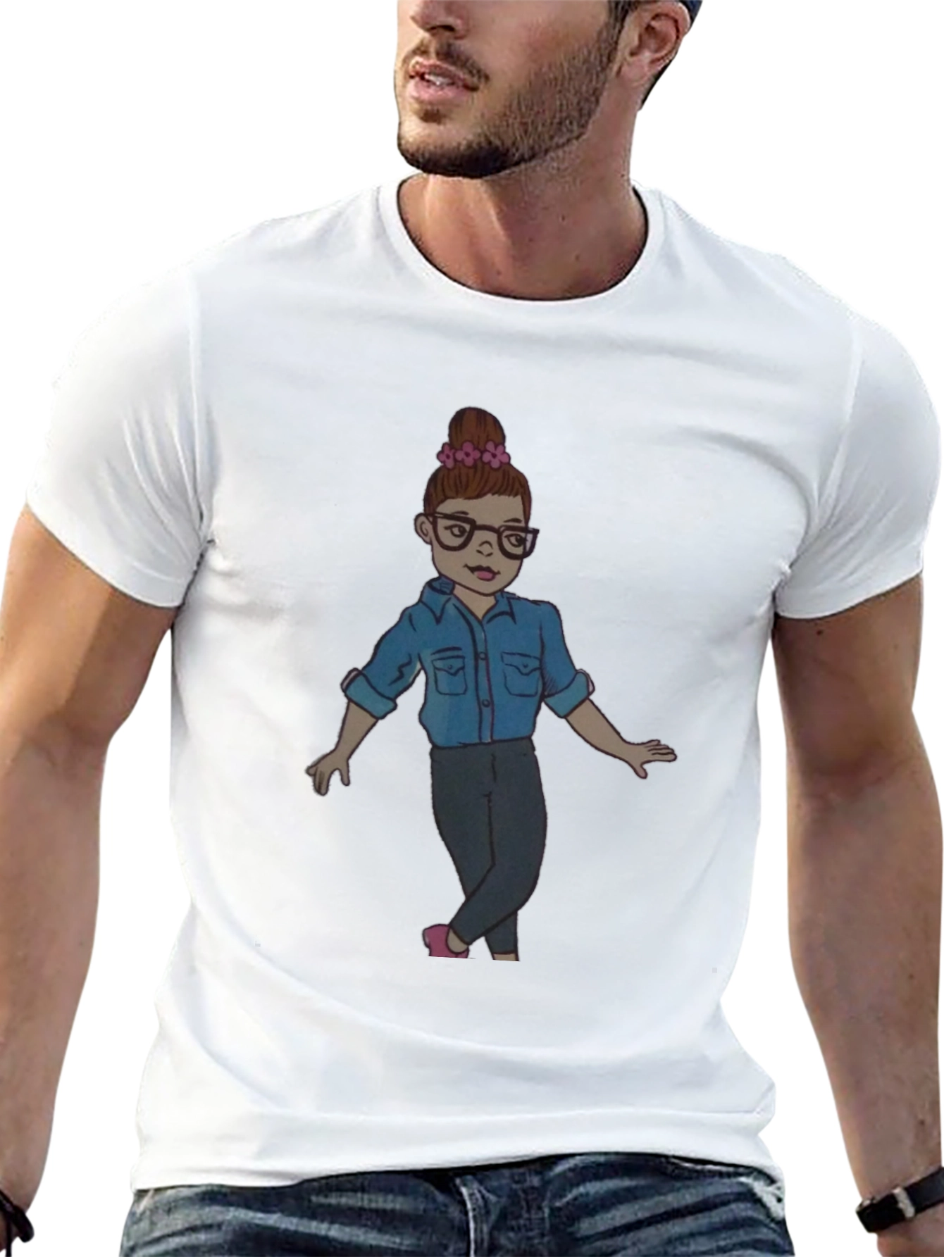 Black Tee with Cartoon Girl Design