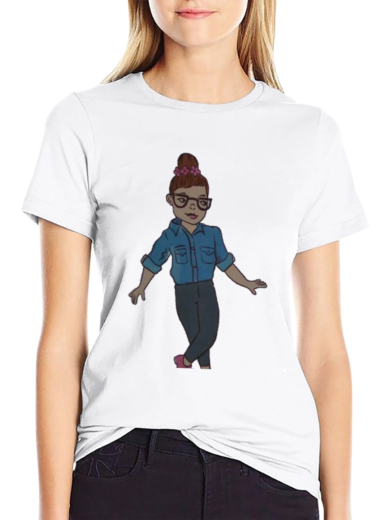 Black Tee with Cartoon Girl Design