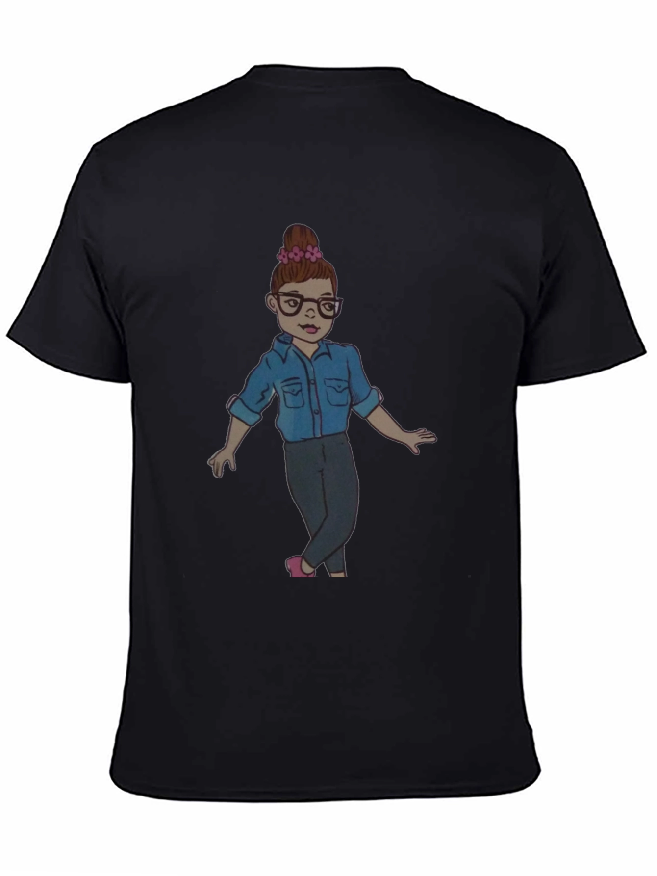 Black Tee with Cartoon Girl Design