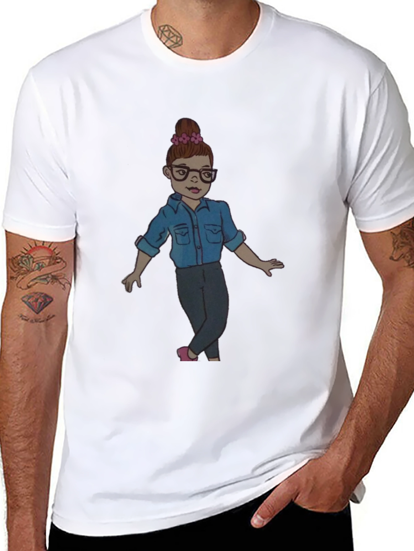 Black Tee with Cartoon Girl Design