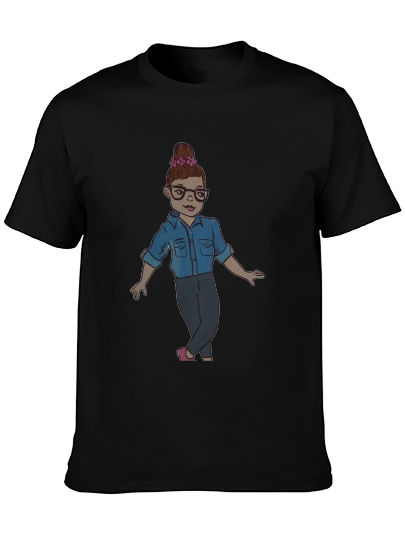 Black Tee with Cartoon Girl Design
