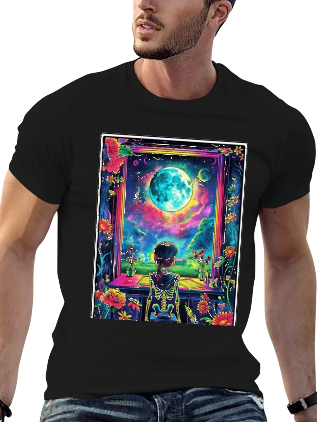 Floral Moon Window Skeleton Graphic Tee